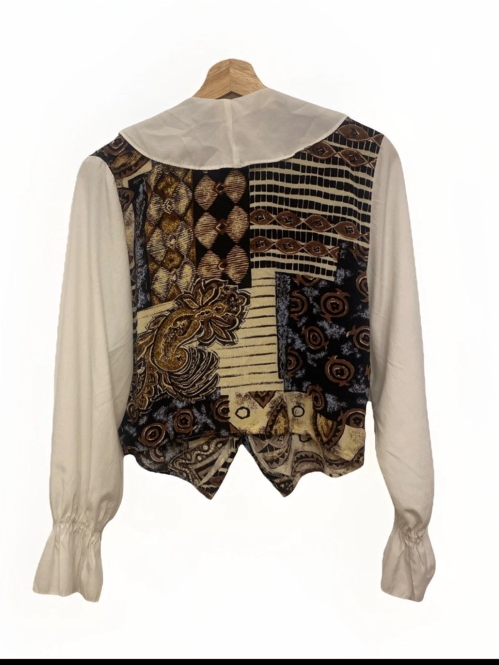 Vintage Cream Ruffle-Collar Blouse with Multi-Pattern Front - Picture 2 of 8